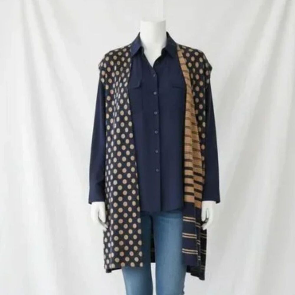 Chico's Reversible Sweater Vest Small | Tan & Navy Longline Classic